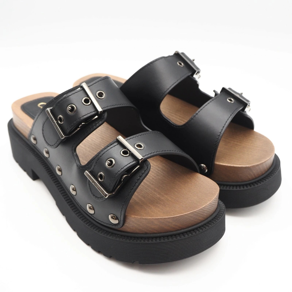 Christian Dior wood leather sandals black brown trim